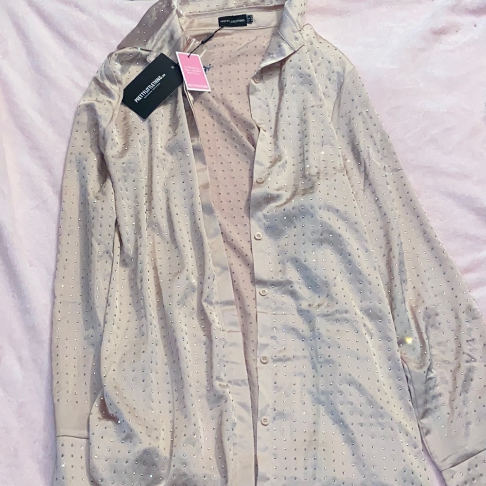 PrettyLittleThing x Jordyn Woods Blush Bling Oversized Shirt Dress, Size 10